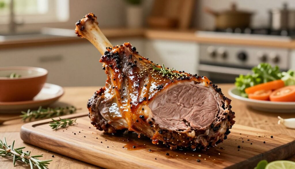A beautifully arranged scene featuring a perfectly roasted lamb shank, showcasing its glistening, juicy exterior with herbs and spices sprinkled generously. In the foreground, vivid details of the tender meat can be seen, emphasizing its succulent texture and rich color. The middle ground displays an elegantly set wooden table adorned with rustic ceramics, fresh vegetables, and aromatic herbs, enhancing the culinary context. The background features a softly lit kitchen with warm, inviting lighting that casts gentle shadows, creating a cozy atmosphere. The lens captures the image at a slight angle, focusing on the lamb while softly blurring the edges for depth. Overall, the mood conveys a sense of warmth and comfort, celebrating the art of roasting lamb to perfection. A beautifully arranged scene featuring a perfectly roasted lamb shank, showcasing its glistening, juicy exterior with herbs and spices sprinkled generously. In the foreground, vivid details of the tender meat can be seen, emphasizing its succulent texture and rich color. The middle ground displays an elegantly set wooden table adorned with rustic ceramics, fresh vegetables, and aromatic herbs, enhancing the culinary context. The background features a softly lit kitchen with warm, inviting lighting that casts gentle shadows, creating a cozy atmosphere. The lens captures the image at a slight angle, focusing on the lamb while softly blurring the edges for depth. Overall, the mood conveys a sense of warmth and comfort, celebrating the art of roasting lamb to perfection.