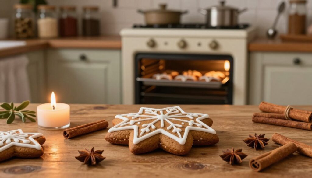 A beautifully arranged scene featuring a traditional staropolski piernik (Polish gingerbread) resting on a rustic wooden table. The piernik, decorated with intricate white icing patterns, emits an inviting aroma of spices like cinnamon and nutmeg. In the foreground, soft, warm candlelight reflects off the surface of the table, creating a cozy, inviting atmosphere. The middle ground showcases a classic, well-used kitchen oven, slightly open, revealing a tray of freshly baked piernik. In the background, shelves filled with jars of spices and antique baking tools add depth. The lighting is soft and warm, emphasizing the rich hues of the gingerbread. A shallow depth of field draws attention to the piernik, evoking a sense of homemade comfort and culinary tradition. A beautifully arranged scene featuring a traditional staropolski piernik (Polish gingerbread) resting on a rustic wooden table. The piernik, decorated with intricate white icing patterns, emits an inviting aroma of spices like cinnamon and nutmeg. In the foreground, soft, warm candlelight reflects off the surface of the table, creating a cozy, inviting atmosphere. The middle ground showcases a classic, well-used kitchen oven, slightly open, revealing a tray of freshly baked piernik. In the background, shelves filled with jars of spices and antique baking tools add depth. The lighting is soft and warm, emphasizing the rich hues of the gingerbread. A shallow depth of field draws attention to the piernik, evoking a sense of homemade comfort and culinary tradition.