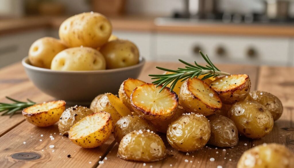 A beautifully arranged scene featuring golden, crispy roasted potatoes on a rustic wooden table, emphasizing the key principles of roasting for optimal flavor and texture. In the foreground, display a variety of perfectly roasted potatoes with diverse textures, some garnished with fresh rosemary and sea salt. In the middle, include a contrasting bowl of raw potatoes, showcasing their natural shape and color. The background should softly blur, depicting a warm kitchen environment with gentle, inviting lighting highlighting the subject matter. Use a slightly elevated angle to provide depth, enhancing the rich golden tones of the potatoes and the rustic table. The atmosphere should evoke a sense of warmth and comfort, ideal for a cozy family meal setting. A beautifully arranged scene featuring golden, crispy roasted potatoes on a rustic wooden table, emphasizing the key principles of roasting for optimal flavor and texture. In the foreground, display a variety of perfectly roasted potatoes with diverse textures, some garnished with fresh rosemary and sea salt. In the middle, include a contrasting bowl of raw potatoes, showcasing their natural shape and color. The background should softly blur, depicting a warm kitchen environment with gentle, inviting lighting highlighting the subject matter. Use a slightly elevated angle to provide depth, enhancing the rich golden tones of the potatoes and the rustic table. The atmosphere should evoke a sense of warmth and comfort, ideal for a cozy family meal setting.