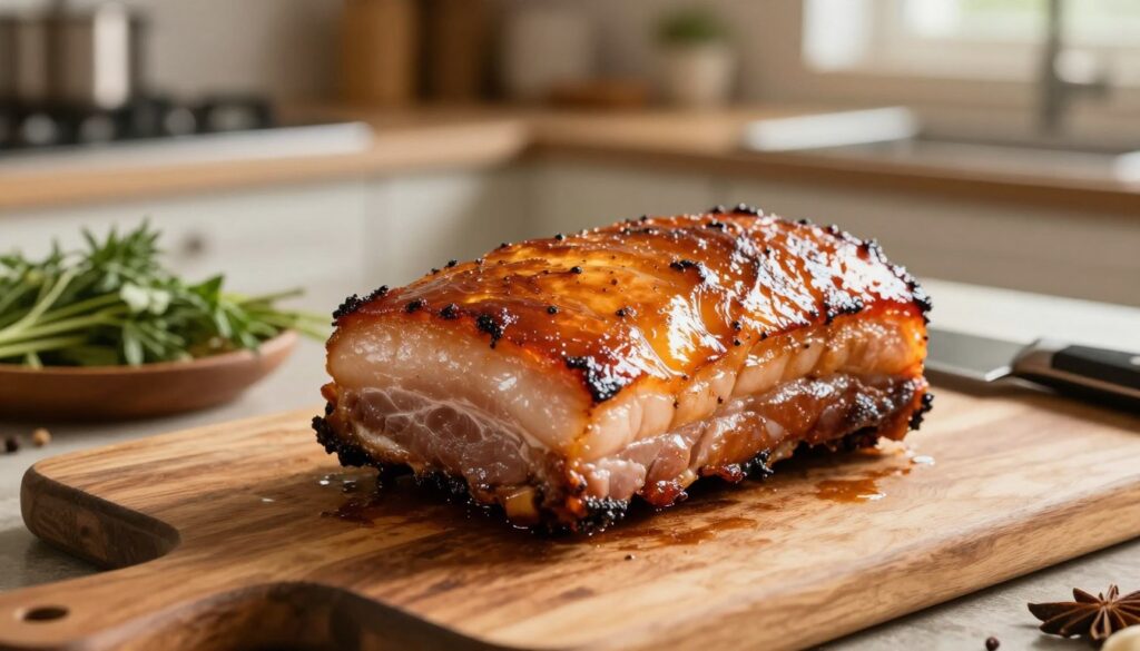 A beautifully arranged scene showcasing a perfectly roasted pork belly resting on a rustic wooden cutting board. The foreground captures the glistening, caramelized skin of the pork, reflecting warm golden hues under gentle overhead lighting. The middle layer features a sharp, professional knife poised next to the meat, highlighting the importance of proper slicing techniques. In the background, a softly blurred kitchen setting creates a cozy atmosphere, with herbs, spices, and cooking tools subtly visible, suggesting an engaging culinary environment. The mood is warm and inviting, evoking the satisfaction of a well-cooked meal. The image should have a shallow depth of field, emphasizing the pork while creating a dreamy backdrop. A beautifully arranged scene showcasing a perfectly roasted pork belly resting on a rustic wooden cutting board. The foreground captures the glistening, caramelized skin of the pork, reflecting warm golden hues under gentle overhead lighting. The middle layer features a sharp, professional knife poised next to the meat, highlighting the importance of proper slicing techniques. In the background, a softly blurred kitchen setting creates a cozy atmosphere, with herbs, spices, and cooking tools subtly visible, suggesting an engaging culinary environment. The mood is warm and inviting, evoking the satisfaction of a well-cooked meal. The image should have a shallow depth of field, emphasizing the pork while creating a dreamy backdrop.