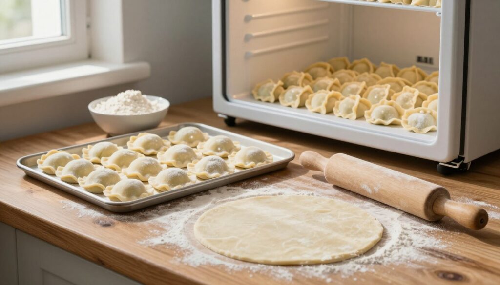 A beautifully arranged scene showcasing frozen pierogi dough on a rustic wooden kitchen countertop. In the foreground, a neatly rolled-out sheet of dough sits atop a lightly floured surface, with a rolling pin beside it. In the middle, some neatly cut, round dough pieces are stacked on a baking tray, lightly dusted with flour, while a small bowl of flour rests next to it. In the background, a vintage-style freezer door is slightly ajar, revealing a glimpse of the pearl-white interior filled with neatly packaged pierogi dough. Soft, natural lighting filters in from a nearby window, casting gentle shadows and creating a warm, inviting atmosphere in the kitchen. The composition conveys a sense of preparation and care, perfect for illustrating the freezing process of pierogi dough. A beautifully arranged scene showcasing frozen pierogi dough on a rustic wooden kitchen countertop. In the foreground, a neatly rolled-out sheet of dough sits atop a lightly floured surface, with a rolling pin beside it. In the middle, some neatly cut, round dough pieces are stacked on a baking tray, lightly dusted with flour, while a small bowl of flour rests next to it. In the background, a vintage-style freezer door is slightly ajar, revealing a glimpse of the pearl-white interior filled with neatly packaged pierogi dough. Soft, natural lighting filters in from a nearby window, casting gentle shadows and creating a warm, inviting atmosphere in the kitchen. The composition conveys a sense of preparation and care, perfect for illustrating the freezing process of pierogi dough.