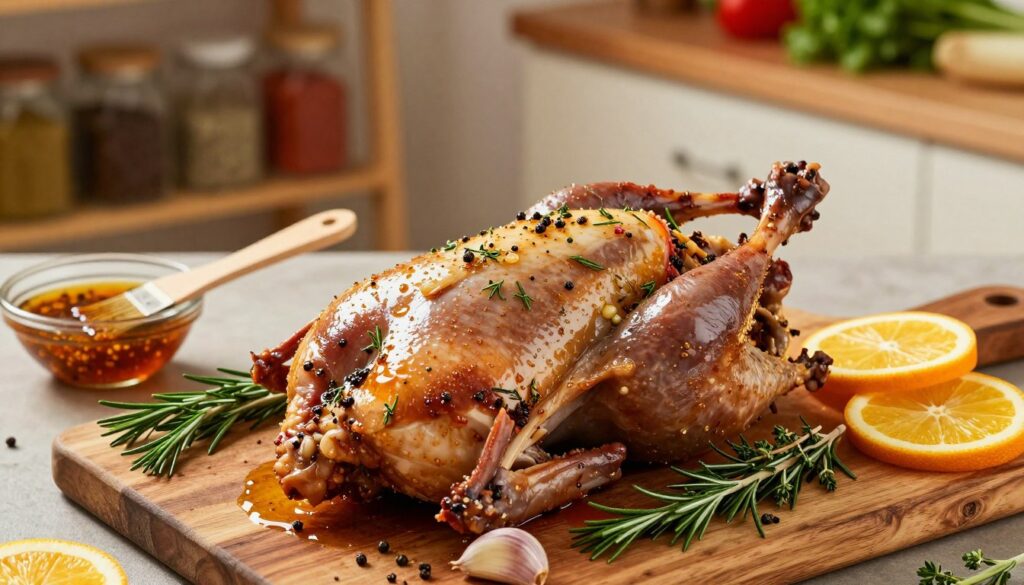 A beautifully arranged scene showcasing marinated goose, focusing on the vibrant colors and textures of the herbs and spices used in the marinade. In the foreground, a whole goose is presented on a rustic wooden cutting board, glistening with a rich marinade, surrounded by fresh rosemary, thyme, garlic cloves, and citrus slices. The middle ground features a selection of cooking tools like a basting brush and a small bowl filled with the marinade. In the background, soft, warm kitchen lighting creates a cozy atmosphere, with blurred shelves filled with jars of spices and fresh vegetables. The angle is slightly elevated, providing a top-down view that highlights the juicy, succulent details of the marinated meat. A beautifully arranged scene showcasing marinated goose, focusing on the vibrant colors and textures of the herbs and spices used in the marinade. In the foreground, a whole goose is presented on a rustic wooden cutting board, glistening with a rich marinade, surrounded by fresh rosemary, thyme, garlic cloves, and citrus slices. The middle ground features a selection of cooking tools like a basting brush and a small bowl filled with the marinade. In the background, soft, warm kitchen lighting creates a cozy atmosphere, with blurred shelves filled with jars of spices and fresh vegetables. The angle is slightly elevated, providing a top-down view that highlights the juicy, succulent details of the marinated meat.