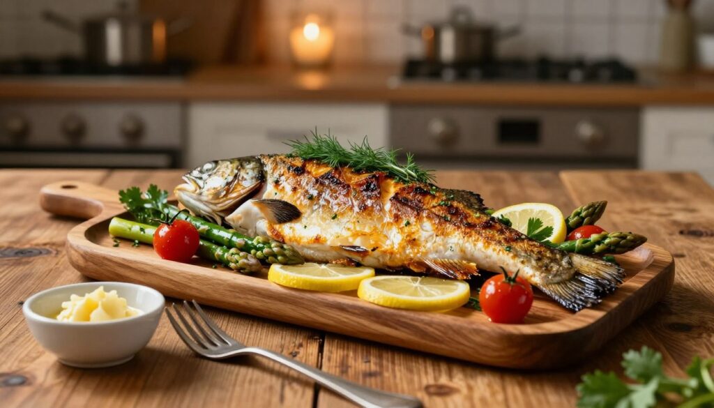 A beautifully arranged serving of roasted trout on a wooden platter, artfully garnished with fresh herbs like dill and parsley. The trout is golden brown, with crispy skin and juicy flesh, presented whole with lemon slices and colorful vegetables such as cherry tomatoes and asparagus surrounding it. In the foreground, a rustic wooden table adds warmth, while in the middle, there are elegant serving utensils and a small bowl of garlic butter sauce. The background features a softly blurred kitchen setting with warm, ambient lighting that gives a cozy, inviting atmosphere. The scene evokes a sense of culinary delight, showcasing the dish as an exquisite centerpiece for a gourmet meal. A beautifully arranged serving of roasted trout on a wooden platter, artfully garnished with fresh herbs like dill and parsley. The trout is golden brown, with crispy skin and juicy flesh, presented whole with lemon slices and colorful vegetables such as cherry tomatoes and asparagus surrounding it. In the foreground, a rustic wooden table adds warmth, while in the middle, there are elegant serving utensils and a small bowl of garlic butter sauce. The background features a softly blurred kitchen setting with warm, ambient lighting that gives a cozy, inviting atmosphere. The scene evokes a sense of culinary delight, showcasing the dish as an exquisite centerpiece for a gourmet meal.