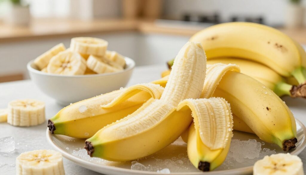 A beautifully arranged set of frozen bananas, showcasing their vibrant yellow color contrasted against the icy surface. In the foreground, focus on several whole frozen bananas on a plate, some partially peeled to reveal the creamy interior. In the middle ground, include a small bowl filled with banana slices, indicating possible culinary uses like smoothies or desserts. The background features a soft-focus kitchen setting with natural light streaming in, creating a warm and inviting atmosphere. The lighting is soft and diffused, highlighting the texture of the frozen fruit while maintaining a fresh aesthetic. Capture the essence of culinary creativity and the appeal of using frozen bananas in various recipes. A beautifully arranged set of frozen bananas, showcasing their vibrant yellow color contrasted against the icy surface. In the foreground, focus on several whole frozen bananas on a plate, some partially peeled to reveal the creamy interior. In the middle ground, include a small bowl filled with banana slices, indicating possible culinary uses like smoothies or desserts. The background features a soft-focus kitchen setting with natural light streaming in, creating a warm and inviting atmosphere. The lighting is soft and diffused, highlighting the texture of the frozen fruit while maintaining a fresh aesthetic. Capture the essence of culinary creativity and the appeal of using frozen bananas in various recipes.