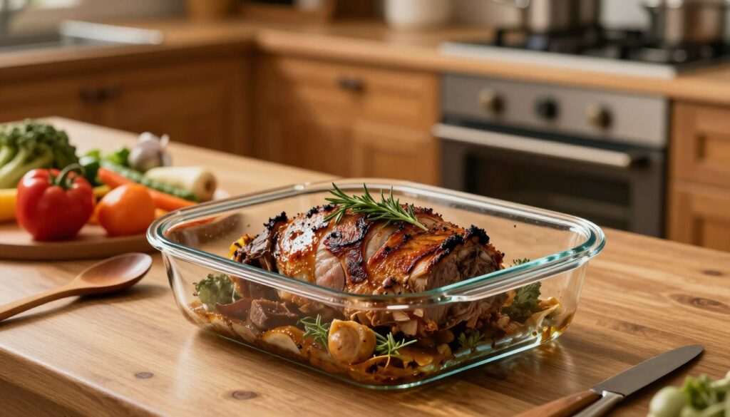 A beautifully arranged table setting featuring a high-quality, clear glass baking dish in the foreground, filled with succulent roasted meat garnished with fresh herbs. The glass dish should glisten under warm, soft lighting, highlighting its heat-resistant properties. In the middle ground, there are various kitchen utensils, such as a wooden spoon, and a colorful array of vegetables beside the dish, emphasizing a wholesome cooking atmosphere. The background displays a cozy kitchen with wooden cabinets and a hint of an oven in the distance, subtly blending into a warm, inviting ambiance. The overall mood should evoke comfort and the enticing aroma of home-cooked meals, ideal for illustrating the safe and effective use of heat-resistant cookware when preparing meat dishes. A beautifully arranged table setting featuring a high-quality, clear glass baking dish in the foreground, filled with succulent roasted meat garnished with fresh herbs. The glass dish should glisten under warm, soft lighting, highlighting its heat-resistant properties. In the middle ground, there are various kitchen utensils, such as a wooden spoon, and a colorful array of vegetables beside the dish, emphasizing a wholesome cooking atmosphere. The background displays a cozy kitchen with wooden cabinets and a hint of an oven in the distance, subtly blending into a warm, inviting ambiance. The overall mood should evoke comfort and the enticing aroma of home-cooked meals, ideal for illustrating the safe and effective use of heat-resistant cookware when preparing meat dishes.