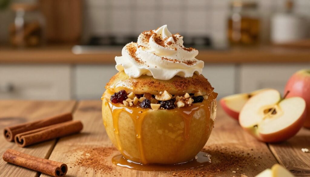 A beautifully baked apple sits in the foreground, glistening with a golden caramelized sheen, sprinkled with vibrant cinnamon, and topped with a swirl of whipped cream. The apple is stuffed with a mix of chopped nuts, raisins, and a touch of honey, showcasing enticing textures and colors. The middle ground features an elegant wooden table adorned with scattered cinnamon sticks and apple slices, enhancing the theme of warmth and coziness. In the softly blurred background, there’s a rustic kitchen setting, with warm ambient lighting casting a golden glow and hints of a cinnamon jar and baking spices on the shelves. The mood is inviting and festive, capturing the essence of cozy gatherings and creative culinary adventures. A beautifully baked apple sits in the foreground, glistening with a golden caramelized sheen, sprinkled with vibrant cinnamon, and topped with a swirl of whipped cream. The apple is stuffed with a mix of chopped nuts, raisins, and a touch of honey, showcasing enticing textures and colors. The middle ground features an elegant wooden table adorned with scattered cinnamon sticks and apple slices, enhancing the theme of warmth and coziness. In the softly blurred background, there’s a rustic kitchen setting, with warm ambient lighting casting a golden glow and hints of a cinnamon jar and baking spices on the shelves. The mood is inviting and festive, capturing the essence of cozy gatherings and creative culinary adventures.