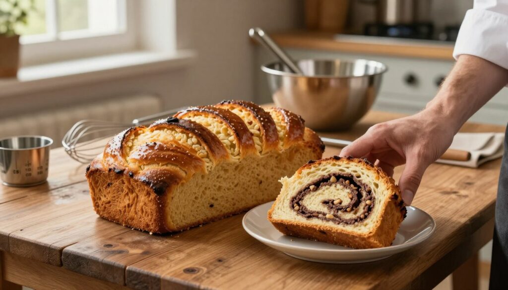 A beautifully baked babka sits on a rustic wooden table, showcasing its golden-brown crust glistening with a light sheen. In the foreground, a chef's hand gently places a slice of the fluffy, textured cake on a delicate porcelain plate, revealing the moist interior filled with swirls of rich chocolate and nut fillings. In the middle ground, various baking tools are neatly arranged, including measuring cups, a mixing bowl, and a whisk, hinting at the techniques used for even rising. The background features a warm, inviting kitchen with soft, natural light streaming through a window, creating a cozy atmosphere. The scene evokes a sense of warmth and craftsmanship, capturing the essence of perfect baking techniques for a fluffy, well-risen babka. A beautifully baked babka sits on a rustic wooden table, showcasing its golden-brown crust glistening with a light sheen. In the foreground, a chef's hand gently places a slice of the fluffy, textured cake on a delicate porcelain plate, revealing the moist interior filled with swirls of rich chocolate and nut fillings. In the middle ground, various baking tools are neatly arranged, including measuring cups, a mixing bowl, and a whisk, hinting at the techniques used for even rising. The background features a warm, inviting kitchen with soft, natural light streaming through a window, creating a cozy atmosphere. The scene evokes a sense of warmth and craftsmanship, capturing the essence of perfect baking techniques for a fluffy, well-risen babka.