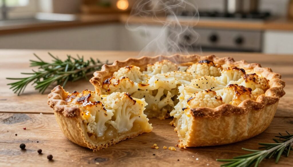 A beautifully baked cauliflower pie, golden brown and appetizing, takes center stage in the foreground, showcasing its crisp crust and tender, caramelized florets. The pie is sliced to reveal the soft, flavorful insides, with steam gently wafting up. Surrounding the pie, a rustic wooden table creates a warm and inviting atmosphere. In the middle ground, fresh herbs and spices, like rosemary and thyme, are elegantly placed, hinting at the delicious seasoning used. In the background, a softly lit kitchen with warm, ambient lighting adds to the cozy mood, enhancing the baking process theme. The angle is slightly overhead, allowing for a comprehensive view of the pie's texture and details, evoking a sense of comfort and culinary passion. A beautifully baked cauliflower pie, golden brown and appetizing, takes center stage in the foreground, showcasing its crisp crust and tender, caramelized florets. The pie is sliced to reveal the soft, flavorful insides, with steam gently wafting up. Surrounding the pie, a rustic wooden table creates a warm and inviting atmosphere. In the middle ground, fresh herbs and spices, like rosemary and thyme, are elegantly placed, hinting at the delicious seasoning used. In the background, a softly lit kitchen with warm, ambient lighting adds to the cozy mood, enhancing the baking process theme. The angle is slightly overhead, allowing for a comprehensive view of the pie's texture and details, evoking a sense of comfort and culinary passion.