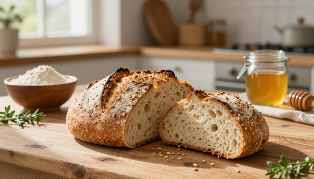 A beautifully baked, golden-brown spelt bread (chleb orkiszowy) sits prominently in the foreground on a rustic wooden table, showcasing its crusty exterior and inviting texture. The bread is sliced in half, revealing the light, airy crumb inside, sprinkled with a touch of whole spelt grains for authenticity. In the middle ground, there are simple baking ingredients: a bowl of spelt flour, a jar of honey, and fresh herbs, enhancing the wholesome feel of the scene. Soft, natural light spills in from a nearby window, casting gentle shadows that convey warmth and comfort. In the background, a quaint kitchen setting is visible, with wooden utensils and a cozy, inviting atmosphere, evoking a sense of home and culinary tradition. A beautifully baked, golden-brown spelt bread (chleb orkiszowy) sits prominently in the foreground on a rustic wooden table, showcasing its crusty exterior and inviting texture. The bread is sliced in half, revealing the light, airy crumb inside, sprinkled with a touch of whole spelt grains for authenticity. In the middle ground, there are simple baking ingredients: a bowl of spelt flour, a jar of honey, and fresh herbs, enhancing the wholesome feel of the scene. Soft, natural light spills in from a nearby window, casting gentle shadows that convey warmth and comfort. In the background, a quaint kitchen setting is visible, with wooden utensils and a cozy, inviting atmosphere, evoking a sense of home and culinary tradition.