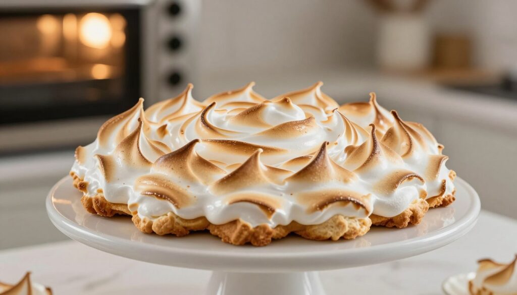 A beautifully baked meringue dessert, golden-brown with a glossy, slightly hardened surface that showcases signs of readiness. In the foreground, the meringue is artfully placed on a delicate white cake stand, emphasizing its airy texture and crisp edges. The middle ground features a softly blurred kitchen environment, with a hint of an oven in the background, emitting a warm, inviting glow that reflects off the dessert’s surface. Soft, natural lighting creates an ethereal atmosphere, enhancing the meringue's sheen and textural details. The angle is slightly top-down, capturing the dessert’s intricate peaks and valleys, inviting the viewer to appreciate its culinary perfection. The mood is one of anticipation and success, celebrating the artistry of meringue baking. A beautifully baked meringue dessert, golden-brown with a glossy, slightly hardened surface that showcases signs of readiness. In the foreground, the meringue is artfully placed on a delicate white cake stand, emphasizing its airy texture and crisp edges. The middle ground features a softly blurred kitchen environment, with a hint of an oven in the background, emitting a warm, inviting glow that reflects off the dessert’s surface. Soft, natural lighting creates an ethereal atmosphere, enhancing the meringue's sheen and textural details. The angle is slightly top-down, capturing the dessert’s intricate peaks and valleys, inviting the viewer to appreciate its culinary perfection. The mood is one of anticipation and success, celebrating the artistry of meringue baking.