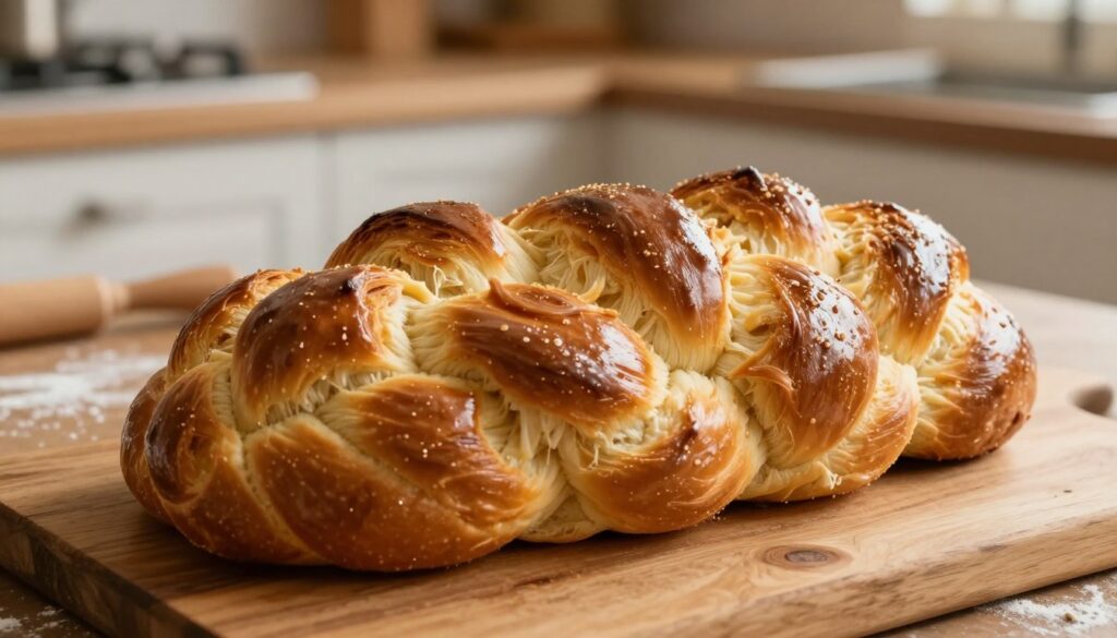 A beautifully braided challah bread, fresh out of the oven, placed elegantly on a rustic wooden table. The bread is golden brown, with a glossy, buttery sheen highlighting its braided structure, showcasing its fluffy and airy texture. Soft, warm light floods the scene, enhancing the richness of the dough. In the background, a blurred kitchen setting is visible, with hints of baking tools and flour scattered on a countertop, creating a cozy atmosphere. Focus on the intricate strands of the braid, emphasizing the artisanal quality of the bread. A warm, inviting mood permeates the image, tempting viewers with the delicious promise of homemade baking. A beautifully braided challah bread, fresh out of the oven, placed elegantly on a rustic wooden table. The bread is golden brown, with a glossy, buttery sheen highlighting its braided structure, showcasing its fluffy and airy texture. Soft, warm light floods the scene, enhancing the richness of the dough. In the background, a blurred kitchen setting is visible, with hints of baking tools and flour scattered on a countertop, creating a cozy atmosphere. Focus on the intricate strands of the braid, emphasizing the artisanal quality of the bread. A warm, inviting mood permeates the image, tempting viewers with the delicious promise of homemade baking.