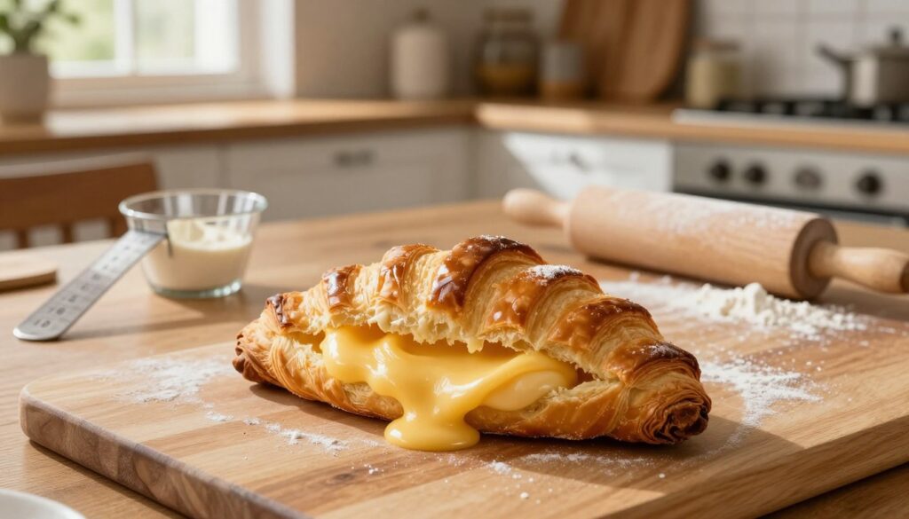 A beautifully composed kitchen scene showcasing a freshly baked "karpatka," a classic Polish cream puff pastry. In the foreground, display a rich, golden-brown karpatka with its signature wavy top, split open to reveal layers of smooth custard cream oozing out. In the middle, include an elegantly set wooden table adorned with baking tools, such as measuring cups and a rolling pin dusted with flour, hinting at the baking process. The background features a softly lit kitchen, with warm, inviting colors and rustic décor that evoke a cozy atmosphere. Natural light filters through a window, casting gentle shadows, enhancing the inviting mood of a perfect baking day. A beautifully composed kitchen scene showcasing a freshly baked "karpatka," a classic Polish cream puff pastry. In the foreground, display a rich, golden-brown karpatka with its signature wavy top, split open to reveal layers of smooth custard cream oozing out. In the middle, include an elegantly set wooden table adorned with baking tools, such as measuring cups and a rolling pin dusted with flour, hinting at the baking process. The background features a softly lit kitchen, with warm, inviting colors and rustic décor that evoke a cozy atmosphere. Natural light filters through a window, casting gentle shadows, enhancing the inviting mood of a perfect baking day.