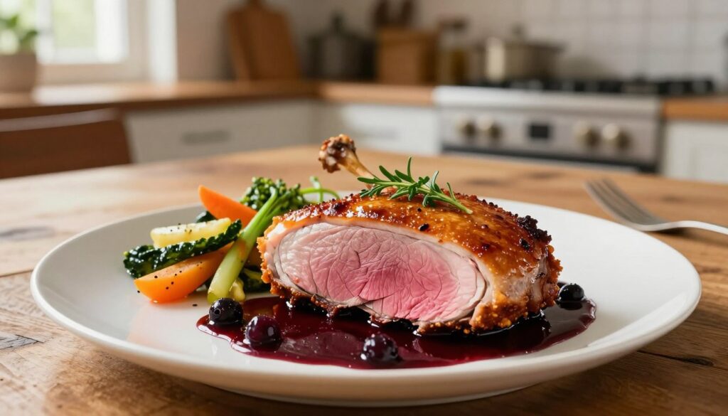 A beautifully cooked duck breast, glistening with a golden-brown crispy skin, perfectly sliced to reveal tender, juicy pink meat inside. The foreground features an elegantly plated dish with the duck breast drizzled with a rich, dark berry sauce, garnished with fresh herbs and accompanied by a vibrant side of seasonal vegetables. In the middle, a rustic wooden table provides a warm, inviting backdrop, while the background softly blurs to reveal a cozy kitchen with warm lighting, highlighting the homey atmosphere. The scene is illuminated by soft, natural light coming from a window, creating an inviting mood. Capture the textures and colors vividly, emphasizing the dish's gourmet quality and inviting appeal. Use a shallow depth of field to focus on the dish, enhancing its elegance. A beautifully cooked duck breast, glistening with a golden-brown crispy skin, perfectly sliced to reveal tender, juicy pink meat inside. The foreground features an elegantly plated dish with the duck breast drizzled with a rich, dark berry sauce, garnished with fresh herbs and accompanied by a vibrant side of seasonal vegetables. In the middle, a rustic wooden table provides a warm, inviting backdrop, while the background softly blurs to reveal a cozy kitchen with warm lighting, highlighting the homey atmosphere. The scene is illuminated by soft, natural light coming from a window, creating an inviting mood. Capture the textures and colors vividly, emphasizing the dish's gourmet quality and inviting appeal. Use a shallow depth of field to focus on the dish, enhancing its elegance.