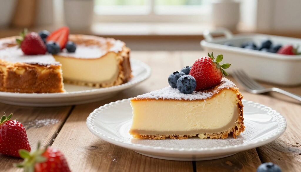 A beautifully crafted slice of traditional Polish cheesecake, or “sernik,” sits elegantly on a delicate white plate. The cheesecake has a smooth, creamy surface, topped with a light dusting of powdered sugar and adorned with fresh, vibrant berries such as strawberries and blueberries. In the background, a warm, inviting kitchen with soft, natural light streaming in through a window creates a cozy atmosphere. The table is rustic wood, adding charm, while a vintage baking dish and utensils hint at the baking process. The angle captures both the slice of cheesecake in focus and the enticing ambience, evoking a sense of home-baked warmth and culinary artistry. A beautifully crafted slice of traditional Polish cheesecake, or “sernik,” sits elegantly on a delicate white plate. The cheesecake has a smooth, creamy surface, topped with a light dusting of powdered sugar and adorned with fresh, vibrant berries such as strawberries and blueberries. In the background, a warm, inviting kitchen with soft, natural light streaming in through a window creates a cozy atmosphere. The table is rustic wood, adding charm, while a vintage baking dish and utensils hint at the baking process. The angle captures both the slice of cheesecake in focus and the enticing ambience, evoking a sense of home-baked warmth and culinary artistry.