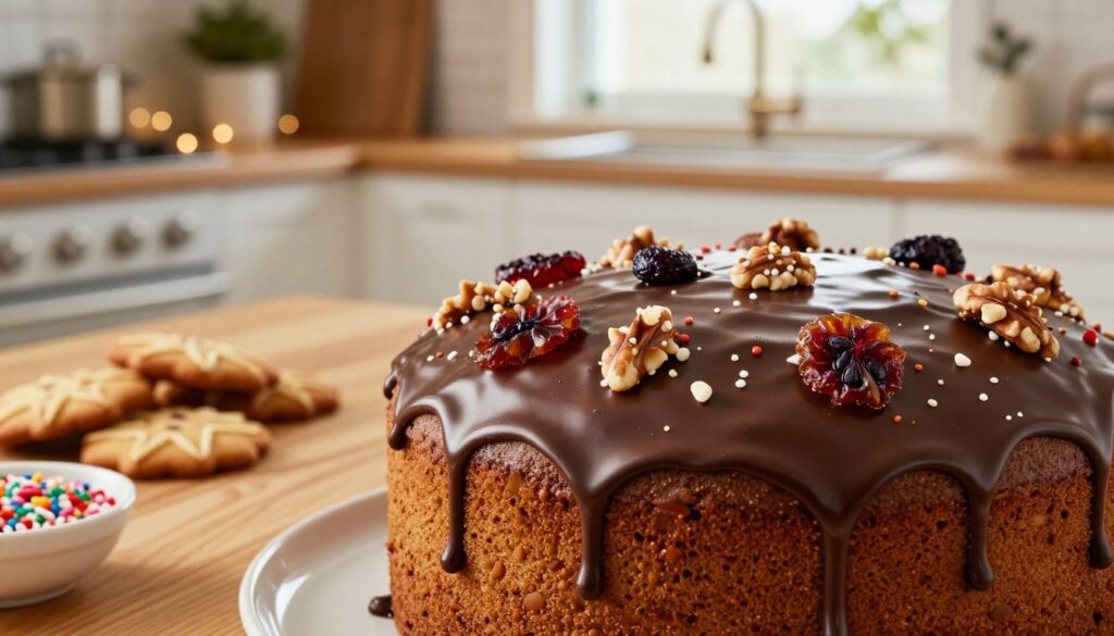 A beautifully decorated gingerbread cake topped with smooth, glossy chocolate glaze, drizzled artistically over the surface. The foreground features a close-up of the cake, revealing intricate details of its spice-infused texture and decorative elements like chopped nuts and dried fruits sprinkled on top. In the middle ground, a wooden table adds warmth, with a few additional festive treats like spiced cookies and a small bowl of colorful sprinkles. The background shows a softly lit kitchen ambiance, with twinkling fairy lights and seasonal decorations, creating a cozy and inviting atmosphere. The scene is brightened by natural daylight coming from a nearby window, enhancing the rich browns of the chocolate glaze and the vibrant colors of the toppings. The overall mood is festive and joyful, perfect for holiday celebrations. A beautifully decorated gingerbread cake topped with smooth, glossy chocolate glaze, drizzled artistically over the surface. The foreground features a close-up of the cake, revealing intricate details of its spice-infused texture and decorative elements like chopped nuts and dried fruits sprinkled on top. In the middle ground, a wooden table adds warmth, with a few additional festive treats like spiced cookies and a small bowl of colorful sprinkles. The background shows a softly lit kitchen ambiance, with twinkling fairy lights and seasonal decorations, creating a cozy and inviting atmosphere. The scene is brightened by natural daylight coming from a nearby window, enhancing the rich browns of the chocolate glaze and the vibrant colors of the toppings. The overall mood is festive and joyful, perfect for holiday celebrations.