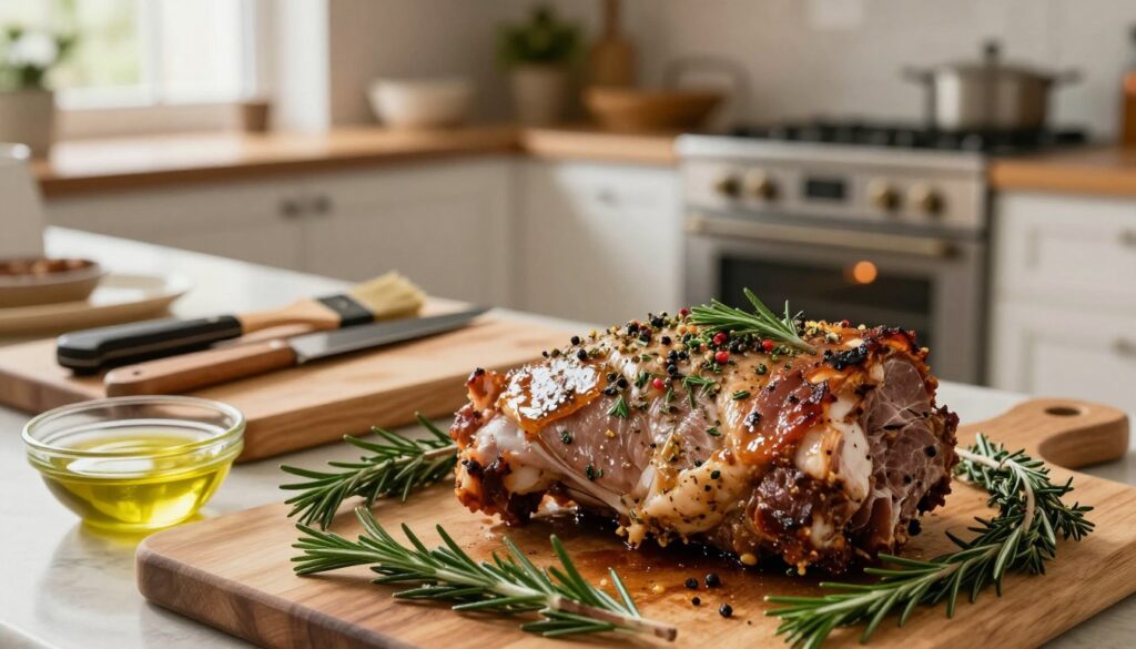 A beautifully organized kitchen countertop featuring a seasoned pork neck (karkówka) ready for roasting. In the foreground, a close-up of the meat, marinated with a blend of herbs, spices, and garlic, gleams under soft, warm lighting. Surrounding the meat, fresh rosemary and thyme sprigs add vibrant green color. In the middle, a well-used wooden cutting board displays various cooking tools, like a sharp knife, a basting brush, and a small bowl with olive oil. The background shows a cozy kitchen with a traditional oven, where the warm glow of light filters through a window. The atmosphere is inviting and homey, emphasizing the joy of preparing a delicious meal. The image captures the essence of preparation, focusing on the meticulous steps taken to create succulent, flavorful roasted pork. A beautifully organized kitchen countertop featuring a seasoned pork neck (karkówka) ready for roasting. In the foreground, a close-up of the meat, marinated with a blend of herbs, spices, and garlic, gleams under soft, warm lighting. Surrounding the meat, fresh rosemary and thyme sprigs add vibrant green color. In the middle, a well-used wooden cutting board displays various cooking tools, like a sharp knife, a basting brush, and a small bowl with olive oil. The background shows a cozy kitchen with a traditional oven, where the warm glow of light filters through a window. The atmosphere is inviting and homey, emphasizing the joy of preparing a delicious meal. The image captures the essence of preparation, focusing on the meticulous steps taken to create succulent, flavorful roasted pork.