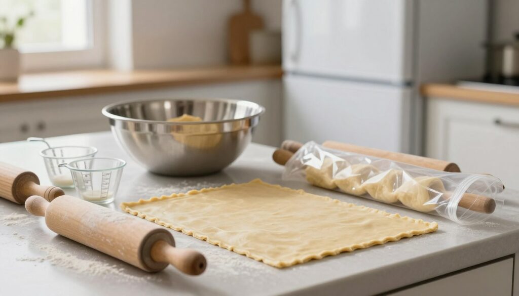 A beautifully organized kitchen scene featuring a countertop with raw pastry dough prepared for freezing. In the foreground, there are flour-dusted rolling pins and measuring cups, with a neatly wrapped sheet of unbaked puff pastry ready to be placed in a freezer bag. The middle ground shows a shiny stainless-steel bowl filled with the dough, while a soft-focus freezer is visible in the background, suggesting the freezing process. The kitchen is warm and inviting, bathed in soft, natural light coming from a nearby window, creating a cozy atmosphere. The overall mood is one of careful preparation, motivation, and craftsmanship, ideal for illustrating the subject of raw pastry preparation for freezing. A beautifully organized kitchen scene featuring a countertop with raw pastry dough prepared for freezing. In the foreground, there are flour-dusted rolling pins and measuring cups, with a neatly wrapped sheet of unbaked puff pastry ready to be placed in a freezer bag. The middle ground shows a shiny stainless-steel bowl filled with the dough, while a soft-focus freezer is visible in the background, suggesting the freezing process. The kitchen is warm and inviting, bathed in soft, natural light coming from a nearby window, creating a cozy atmosphere. The overall mood is one of careful preparation, motivation, and craftsmanship, ideal for illustrating the subject of raw pastry preparation for freezing.