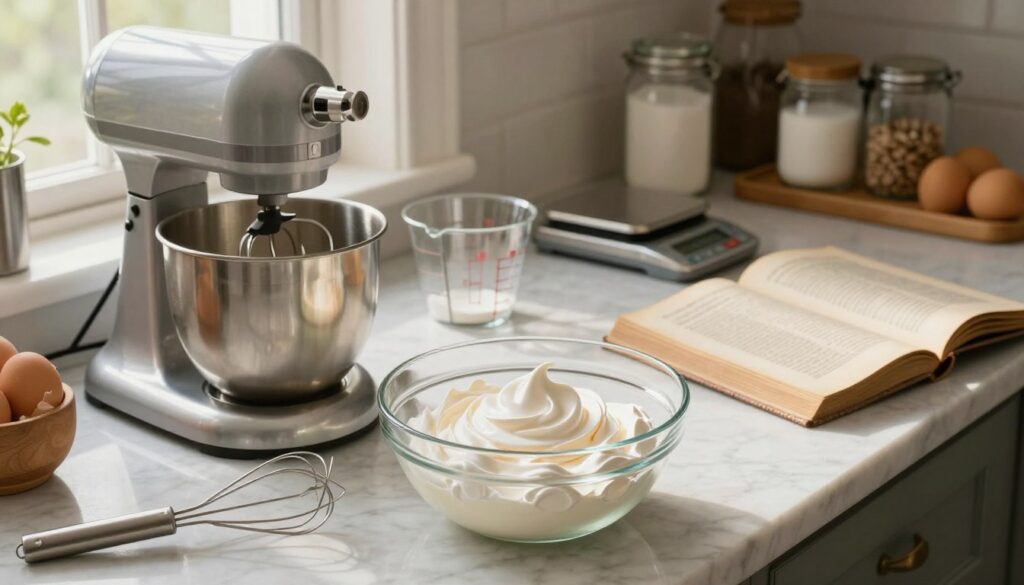 A beautifully organized kitchen workspace focused on preparing egg whites for meringue. In the foreground, a glass bowl filled with glistening, whipped egg whites peaking softly, surrounded by stainless steel mixing tools. A stand mixer is prominently placed, showcasing intricate details of its whisk attachment. The middle features a marble countertop adorned with measuring cups, a digital scale, and a vintage cookbook open to a meringue recipe, all illuminated by soft, warm natural light from a nearby window. In the background, shelves hold jars of sugar and other baking essentials, creating a cozy and inviting atmosphere. The scene conveys an air of meticulous preparation and culinary artistry, emphasizing the importance of a clean and efficient workspace. A beautifully organized kitchen workspace focused on preparing egg whites for meringue. In the foreground, a glass bowl filled with glistening, whipped egg whites peaking softly, surrounded by stainless steel mixing tools. A stand mixer is prominently placed, showcasing intricate details of its whisk attachment. The middle features a marble countertop adorned with measuring cups, a digital scale, and a vintage cookbook open to a meringue recipe, all illuminated by soft, warm natural light from a nearby window. In the background, shelves hold jars of sugar and other baking essentials, creating a cozy and inviting atmosphere. The scene conveys an air of meticulous preparation and culinary artistry, emphasizing the importance of a clean and efficient workspace.