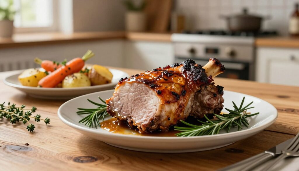 A beautifully plated "karkówka" dish, showcasing a succulent, perfectly roasted pork neck, glistening with a caramelized crust. The foreground features the main dish on a rustic wooden table, with vibrant garnishes of fresh herbs like rosemary and thyme. In the middle ground, side dishes of roasted vegetables, such as carrots and potatoes, complement the main dish, adding color and texture. The background softly fades into a warm kitchen setting with a glowing oven, suggesting an inviting atmosphere. The lighting is warm and natural, emanating from a window, creating a cozy, homely feel. The angle is slightly above the table level, giving a delicious bird’s-eye view of the meal. The overall mood is appetizing and comforting, celebrating the joy of home-cooked meals. A beautifully plated "karkówka" dish, showcasing a succulent, perfectly roasted pork neck, glistening with a caramelized crust. The foreground features the main dish on a rustic wooden table, with vibrant garnishes of fresh herbs like rosemary and thyme. In the middle ground, side dishes of roasted vegetables, such as carrots and potatoes, complement the main dish, adding color and texture. The background softly fades into a warm kitchen setting with a glowing oven, suggesting an inviting atmosphere. The lighting is warm and natural, emanating from a window, creating a cozy, homely feel. The angle is slightly above the table level, giving a delicious bird’s-eye view of the meal. The overall mood is appetizing and comforting, celebrating the joy of home-cooked meals.