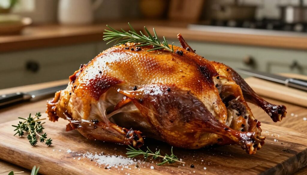 A beautifully prepared whole duck, poised on a rustic wooden table, showcasing its glistening skin ready for roasting. The foreground captures the duck, garnished with fresh herbs like rosemary and thyme, while a dusting of coarse salt adds texture. Soft, warm light filters in from the side, accentuating the rich colors of the duck's skin. In the middle ground, a sharp kitchen knife and a cutting board lie nearby, hinting at the preparation process. The background features a cozy kitchen setting, with hints of vintage cookware and spices to evoke a homely atmosphere. The scene conveys an inviting and warm mood, emphasizing the anticipation of a delicious meal. A beautifully prepared whole duck, poised on a rustic wooden table, showcasing its glistening skin ready for roasting. The foreground captures the duck, garnished with fresh herbs like rosemary and thyme, while a dusting of coarse salt adds texture. Soft, warm light filters in from the side, accentuating the rich colors of the duck's skin. In the middle ground, a sharp kitchen knife and a cutting board lie nearby, hinting at the preparation process. The background features a cozy kitchen setting, with hints of vintage cookware and spices to evoke a homely atmosphere. The scene conveys an inviting and warm mood, emphasizing the anticipation of a delicious meal.