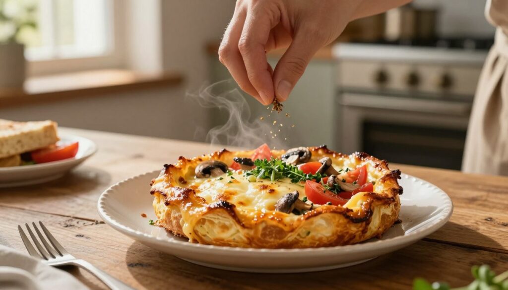 A beautifully presented plate of freshly baked zapiekanka, served on a rustic wooden table. In the foreground, highlight the golden-brown, melted cheese on top, glistening with a slight crispness, accompanied by vibrant toppings like fresh herbs, tomatoes, and mushrooms. The middle section should include the zapiekanka being elegantly plated, with steam rising to indicate its warmth. A pair of hands, clad in modest casual attire, delicately places a sprinkle of seasoning over the dish. In the background, softly blurred kitchen elements such as warm light from a window, and a vintage oven can be seen, creating a cozy atmosphere. The lighting should be warm and inviting, with a focus on the textures and colors of the food, evoking a sense of home-cooked comfort and deliciousness. A beautifully presented plate of freshly baked zapiekanka, served on a rustic wooden table. In the foreground, highlight the golden-brown, melted cheese on top, glistening with a slight crispness, accompanied by vibrant toppings like fresh herbs, tomatoes, and mushrooms. The middle section should include the zapiekanka being elegantly plated, with steam rising to indicate its warmth. A pair of hands, clad in modest casual attire, delicately places a sprinkle of seasoning over the dish. In the background, softly blurred kitchen elements such as warm light from a window, and a vintage oven can be seen, creating a cozy atmosphere. The lighting should be warm and inviting, with a focus on the textures and colors of the food, evoking a sense of home-cooked comfort and deliciousness.