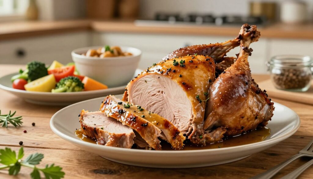 A beautifully presented plate of succulent roast turkey breast, glistening with savory herbs and spices, taking center stage in the foreground. The turkey is artfully sliced, revealing its juicy, tender interior, placed on a rustic wooden table. In the middle ground, there are vibrant sides of steamed vegetables and a rich, flavorful gravy in a small bowl, enhancing the feast’s appeal. Soft, warm lighting bathes the scene, creating an inviting and cozy atmosphere reminiscent of a home-cooked meal. In the background, a blurred kitchen with natural accents, like fresh herbs and spices, adds depth without distracting from the main focus. The image captures the essence of delicious, juicy turkey, embodying warmth and satisfaction. A beautifully presented plate of succulent roast turkey breast, glistening with savory herbs and spices, taking center stage in the foreground. The turkey is artfully sliced, revealing its juicy, tender interior, placed on a rustic wooden table. In the middle ground, there are vibrant sides of steamed vegetables and a rich, flavorful gravy in a small bowl, enhancing the feast’s appeal. Soft, warm lighting bathes the scene, creating an inviting and cozy atmosphere reminiscent of a home-cooked meal. In the background, a blurred kitchen with natural accents, like fresh herbs and spices, adds depth without distracting from the main focus. The image captures the essence of delicious, juicy turkey, embodying warmth and satisfaction.