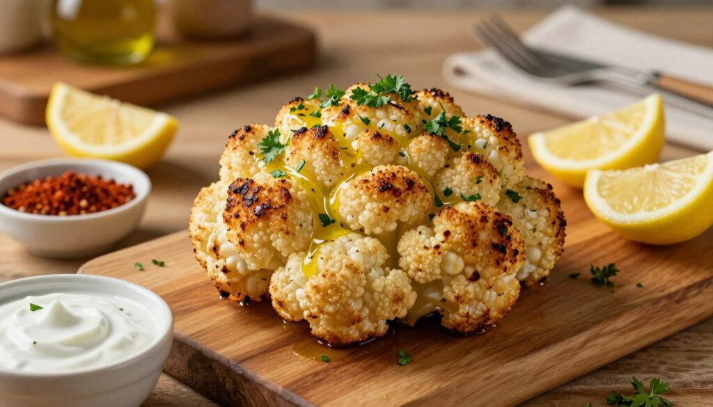 A beautifully roasted cauliflower sits centered on a rustic wooden table, golden-brown and lightly charred, exuding an appetizing aroma. The cauliflower is garnished with fresh herbs like parsley and drizzle of olive oil, enhancing its colorful appeal. Surrounding the vegetable are small bowls filled with vibrant spices and accompaniments, such as a tangy yogurt dip and colorful slices of lemon. Soft, warm lighting highlights the textures and colors of the dish, creating an inviting and cozy atmosphere. In the background, hints of a kitchen setting can be seen, with warm wooden accents and soft-focus utensils to further accentuate the culinary theme. Capture this image from a slightly elevated angle to showcase the beautifully detailed surface of the roasted cauliflower and surrounding garnishes. A beautifully roasted cauliflower sits centered on a rustic wooden table, golden-brown and lightly charred, exuding an appetizing aroma. The cauliflower is garnished with fresh herbs like parsley and drizzle of olive oil, enhancing its colorful appeal. Surrounding the vegetable are small bowls filled with vibrant spices and accompaniments, such as a tangy yogurt dip and colorful slices of lemon. Soft, warm lighting highlights the textures and colors of the dish, creating an inviting and cozy atmosphere. In the background, hints of a kitchen setting can be seen, with warm wooden accents and soft-focus utensils to further accentuate the culinary theme. Capture this image from a slightly elevated angle to showcase the beautifully detailed surface of the roasted cauliflower and surrounding garnishes.