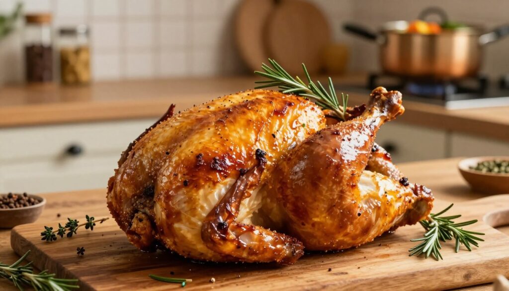 A beautifully roasted chicken sits on a rustic wooden table, its golden-brown skin glistening under warm, soft lighting, highlighting its crispy texture. The chicken is garnished with fresh herbs like rosemary and thyme, adding a pop of green that contrasts with the rich color of the meat. In the background, a cozy kitchen scene features a pot of vegetables simmering on the stove and spices neatly arranged on a shelf, evoking a sense of homely warmth and culinary expertise. The image is taken from a slightly elevated angle, emphasizing the juiciness of the chicken while creating an inviting atmosphere. The focus is sharp on the chicken, with a gentle blur on the background, emphasizing the dish as the centerpiece. A beautifully roasted chicken sits on a rustic wooden table, its golden-brown skin glistening under warm, soft lighting, highlighting its crispy texture. The chicken is garnished with fresh herbs like rosemary and thyme, adding a pop of green that contrasts with the rich color of the meat. In the background, a cozy kitchen scene features a pot of vegetables simmering on the stove and spices neatly arranged on a shelf, evoking a sense of homely warmth and culinary expertise. The image is taken from a slightly elevated angle, emphasizing the juiciness of the chicken while creating an inviting atmosphere. The focus is sharp on the chicken, with a gentle blur on the background, emphasizing the dish as the centerpiece.