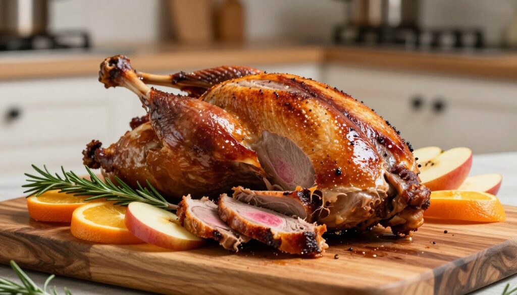 A beautifully roasted goose breast, glistening with a rich, golden-brown skin, placed elegantly on a rustic wooden cutting board. The breast is sliced to reveal juicy, succulent meat with a hint of pink at the center. Surrounding the goose are vibrant garnishes, including sprigs of fresh rosemary and slices of seasonal fruits like orange and apples, adding a pop of color. Soft, diffused lighting casts gentle shadows, highlighting the textures of the meat and the natural wood grain. A blurred kitchen setting is visible in the background, suggesting warmth and homestyle cooking. The atmosphere is inviting and sophisticated, evoking the art of mastering the perfect roast. Use a lens that captures fine details and textures, ensuring the focus remains on the goose breast. A beautifully roasted goose breast, glistening with a rich, golden-brown skin, placed elegantly on a rustic wooden cutting board. The breast is sliced to reveal juicy, succulent meat with a hint of pink at the center. Surrounding the goose are vibrant garnishes, including sprigs of fresh rosemary and slices of seasonal fruits like orange and apples, adding a pop of color. Soft, diffused lighting casts gentle shadows, highlighting the textures of the meat and the natural wood grain. A blurred kitchen setting is visible in the background, suggesting warmth and homestyle cooking. The atmosphere is inviting and sophisticated, evoking the art of mastering the perfect roast. Use a lens that captures fine details and textures, ensuring the focus remains on the goose breast.