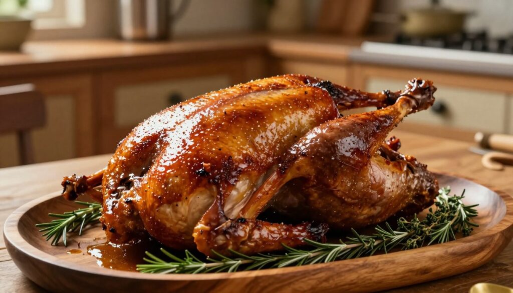 A beautifully roasted goose, glistening with a golden-brown, crispy skin, placed on an elegant wooden platter. The foreground features the succulent goose, its crispy skin reflecting light, surrounded by fresh herbs such as rosemary and thyme, enhancing the aroma. Juices are pooling beneath the bird, suggesting a juicy interior. In the middle background, a rustic kitchen setting is visible, with wooden cabinetry and traditional cooking tools, evoking a warm, inviting atmosphere. Soft, natural lighting bathes the scene, creating a cozy ambiance that highlights the textures and colors of the dish. The angle showcases the goose from a slight top-down perspective, emphasizing its inviting presentation for a festive meal. No people are present, ensuring the focus remains entirely on the gastronomic delight.