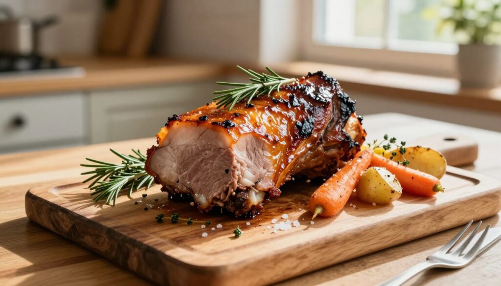 A beautifully roasted "karkówka" (pork neck) on a rustic wooden cutting board, glistening with caramelized skin and juicy, tender meat. The dish is garnished with fresh herbs like rosemary and thyme, and accompanied by colorful roasted vegetables such as carrots and potatoes, sprinkled with sea salt. The scene is set in a warm, inviting kitchen with soft, natural light streaming in from a window, casting gentle shadows that enhance the textures. The camera angle is slightly overhead, emphasizing the succulent details of the pork and the vivid colors of the vegetables. The atmosphere is cozy and homey, inviting the viewer to imagine the delicious aroma of the dish, evoking a sense of comfort and satisfaction. A beautifully roasted "karkówka" (pork neck) on a rustic wooden cutting board, glistening with caramelized skin and juicy, tender meat. The dish is garnished with fresh herbs like rosemary and thyme, and accompanied by colorful roasted vegetables such as carrots and potatoes, sprinkled with sea salt. The scene is set in a warm, inviting kitchen with soft, natural light streaming in from a window, casting gentle shadows that enhance the textures. The camera angle is slightly overhead, emphasizing the succulent details of the pork and the vivid colors of the vegetables. The atmosphere is cozy and homey, inviting the viewer to imagine the delicious aroma of the dish, evoking a sense of comfort and satisfaction.