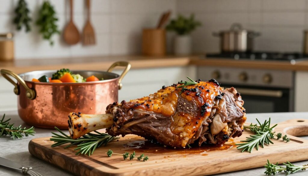 A beautifully roasted lamb shank, prominently displayed in the foreground, showcasing its rich, golden-brown crust and juicy interior. The shank rests on a rustic wooden cutting board, surrounded by fresh herbs like rosemary and thyme, adding vibrant green hues. In the middle ground, a copper pot simmers with fragrant vegetables and a savory sauce, hinting at the cooking process. Soft, natural lighting illuminates the scene, casting gentle shadows and highlighting the textures of the meat. In the background, a cozy kitchen setting with hanging herbs, wooden utensils, and an oven, evokes a warm and inviting atmosphere. The overall mood is rustic and homely, emphasizing a sense of comfort and culinary expertise. A beautifully roasted lamb shank, prominently displayed in the foreground, showcasing its rich, golden-brown crust and juicy interior. The shank rests on a rustic wooden cutting board, surrounded by fresh herbs like rosemary and thyme, adding vibrant green hues. In the middle ground, a copper pot simmers with fragrant vegetables and a savory sauce, hinting at the cooking process. Soft, natural lighting illuminates the scene, casting gentle shadows and highlighting the textures of the meat. In the background, a cozy kitchen setting with hanging herbs, wooden utensils, and an oven, evokes a warm and inviting atmosphere. The overall mood is rustic and homely, emphasizing a sense of comfort and culinary expertise.