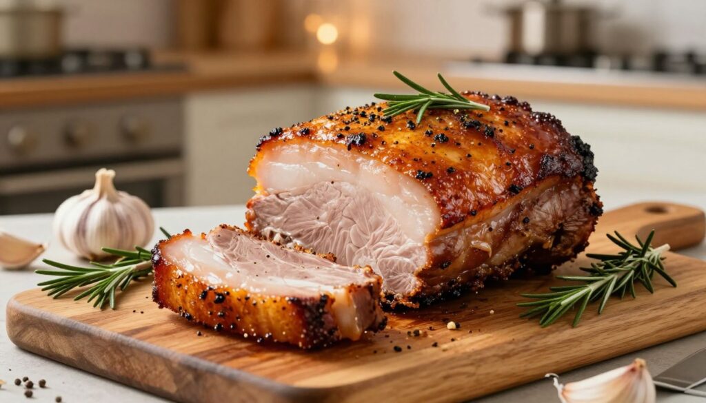 A beautifully roasted pork belly, glistening with a golden-brown, crispy skin, showcasing an appetizing blend of spices and herbs. In the foreground, the pork belly is garnished with fresh herbs, highlighting its succulent texture. The middle ground features a rustic wooden cutting board, on which the pork rests, with aromatic garlic and sprigs of rosemary artfully arranged around it. In the background, a warm kitchen setting with soft, ambient lighting creates an inviting atmosphere, emphasizing the comfort of home cooking. A shallow depth of field blurs the background slightly, directing focus on the mouthwatering main subject. The overall mood is cozy and inviting, perfect for enticing food lovers. A beautifully roasted pork belly, glistening with a golden-brown, crispy skin, showcasing an appetizing blend of spices and herbs. In the foreground, the pork belly is garnished with fresh herbs, highlighting its succulent texture. The middle ground features a rustic wooden cutting board, on which the pork rests, with aromatic garlic and sprigs of rosemary artfully arranged around it. In the background, a warm kitchen setting with soft, ambient lighting creates an inviting atmosphere, emphasizing the comfort of home cooking. A shallow depth of field blurs the background slightly, directing focus on the mouthwatering main subject. The overall mood is cozy and inviting, perfect for enticing food lovers.