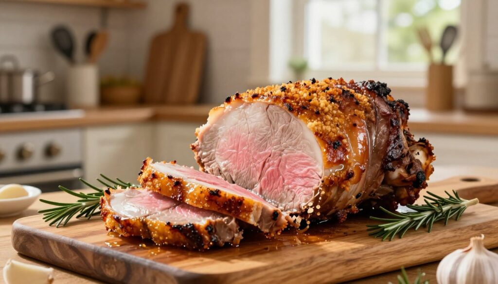 A beautifully roasted pork loin emerging from a traditional oven, showcasing a golden-brown exterior with crispy crackling skin. The pork is perfectly sliced, revealing moist, tender pink meat inside that glistens with juices. In the foreground, a rustic wooden cutting board holds the roast, accompanied by sprigs of fresh rosemary and garlic cloves. In the middle ground, a warm kitchen atmosphere filled with wooden shelves and cooking utensils creates an inviting scene. Soft, natural lighting pours in from a window, highlighting the texture of the meat and the glimmer of its juices. The background has blurred kitchen elements, emphasizing the focus on the deliciously juicy pork. The overall mood is cozy and appetizing, appealing to culinary enthusiasts. A beautifully roasted pork loin emerging from a traditional oven, showcasing a golden-brown exterior with crispy crackling skin. The pork is perfectly sliced, revealing moist, tender pink meat inside that glistens with juices. In the foreground, a rustic wooden cutting board holds the roast, accompanied by sprigs of fresh rosemary and garlic cloves. In the middle ground, a warm kitchen atmosphere filled with wooden shelves and cooking utensils creates an inviting scene. Soft, natural lighting pours in from a window, highlighting the texture of the meat and the glimmer of its juices. The background has blurred kitchen elements, emphasizing the focus on the deliciously juicy pork. The overall mood is cozy and appetizing, appealing to culinary enthusiasts.