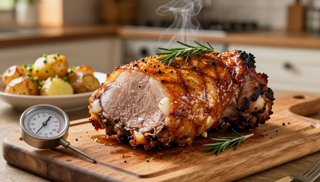 A beautifully roasted pork neck, or "karkówka," glistening with a golden-brown crust, placed on a rustic wooden cutting board. The meat is juicy, with spices like rosemary and garlic clearly visible on the surface. In the foreground, a meat thermometer indicates the internal temperature for optimal doneness. The middle ground features an array of side dishes, such as roasted potatoes and fresh herbs, enhancing the dish's presentation. In the background, a warm kitchen atmosphere is created by soft, inviting overhead lighting and a hint of smoke wafting through the air, adding to the overall mood of comfort and homeliness. The focus is sharp on the pork, contrasting with a slightly blurred background, capturing the essence of a perfect roast. A beautifully roasted pork neck, or "karkówka," glistening with a golden-brown crust, placed on a rustic wooden cutting board. The meat is juicy, with spices like rosemary and garlic clearly visible on the surface. In the foreground, a meat thermometer indicates the internal temperature for optimal doneness. The middle ground features an array of side dishes, such as roasted potatoes and fresh herbs, enhancing the dish's presentation. In the background, a warm kitchen atmosphere is created by soft, inviting overhead lighting and a hint of smoke wafting through the air, adding to the overall mood of comfort and homeliness. The focus is sharp on the pork, contrasting with a slightly blurred background, capturing the essence of a perfect roast.