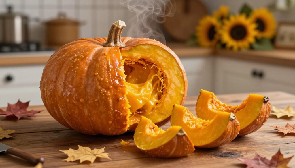 A beautifully roasted pumpkin lies on a rustic wooden table, its vibrant orange flesh glistening under soft, warm lighting. The pumpkin is sliced open, showcasing its creamy, smooth interior, with a few pieces arranged artfully around it. In the background, a quaint kitchen scene includes seasonal fall decorations, like dried leaves and a bouquet of sunflowers, enhancing the cozy atmosphere. A gentle steam rises from the sliced edges, hinting at its recent baking. The image captures the warm, inviting essence of home cooking, with a focus on the rich color contrasts and natural textures of the roasted pumpkin, evoking a sense of comfort and deliciousness. A beautifully roasted pumpkin lies on a rustic wooden table, its vibrant orange flesh glistening under soft, warm lighting. The pumpkin is sliced open, showcasing its creamy, smooth interior, with a few pieces arranged artfully around it. In the background, a quaint kitchen scene includes seasonal fall decorations, like dried leaves and a bouquet of sunflowers, enhancing the cozy atmosphere. A gentle steam rises from the sliced edges, hinting at its recent baking. The image captures the warm, inviting essence of home cooking, with a focus on the rich color contrasts and natural textures of the roasted pumpkin, evoking a sense of comfort and deliciousness.