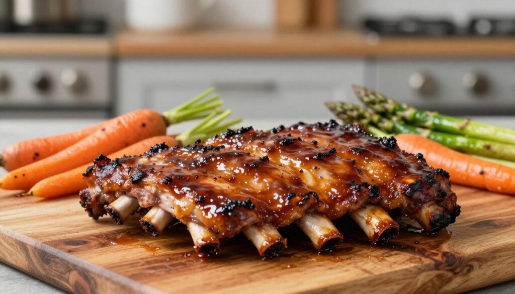 A beautifully roasted rack of ribs, glistening with a rich, caramelized glaze, is the focal point in the foreground, showcasing tender meat with juicy sections exposed. Surrounding the ribs are vibrant sides of roasted vegetables, such as bright orange carrots and deep green asparagus, arranged artfully on a rustic wooden table. In the middle ground, a light gray background softly blurs the kitchen setting, hinting at an inviting atmosphere filled with warmth. Soft, natural lighting illuminates the scene, creating a mouthwatering sheen on the ribs, while a slight overhead angle emphasizes the dish's tempting details. The overall mood is cozy and inviting, perfect for a culinary article celebrating savory, perfectly cooked ribs.