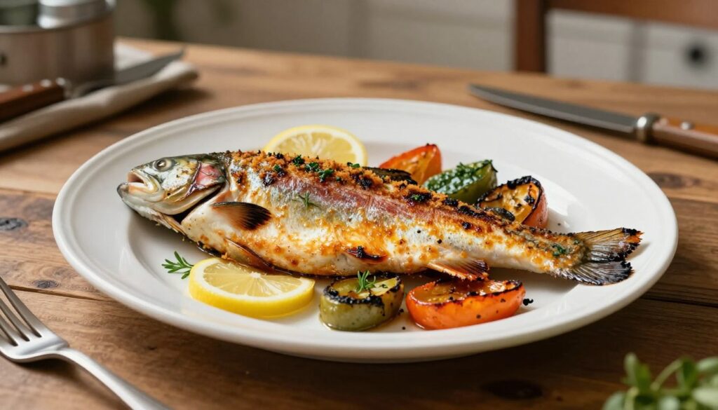 A beautifully roasted rainbow trout, glistening with a golden-brown crispiness, is centered on a white, elegant serving platter. The trout is garnished with fresh herbs, lemon slices, and colorful roasted vegetables, adding vibrancy to the dish. In the background, a warm kitchen setting features a rustic wooden table and subtle hints of cooking utensils. Soft, diffused lighting enhances the dish's appetizing appearance, casting gentle highlights and shadows to create depth. The angle captures the trout from slightly above, emphasizing its delicate texture and inviting aroma. The overall mood conveys a cozy, home-cooked meal, perfect for showcasing the art of baking fish to achieve tenderness and flavor. A beautifully roasted rainbow trout, glistening with a golden-brown crispiness, is centered on a white, elegant serving platter. The trout is garnished with fresh herbs, lemon slices, and colorful roasted vegetables, adding vibrancy to the dish. In the background, a warm kitchen setting features a rustic wooden table and subtle hints of cooking utensils. Soft, diffused lighting enhances the dish's appetizing appearance, casting gentle highlights and shadows to create depth. The angle captures the trout from slightly above, emphasizing its delicate texture and inviting aroma. The overall mood conveys a cozy, home-cooked meal, perfect for showcasing the art of baking fish to achieve tenderness and flavor.