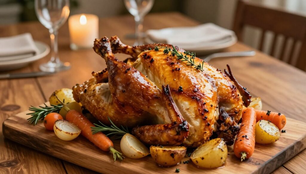 A beautifully roasted whole chicken, glistening with golden-brown skin, placed on a rustic wooden table. The chicken is garnished with fresh herbs like rosemary and thyme, surrounded by colorful roasted vegetables—carrots, potatoes, and onions—caramelized to perfection. In the background, a set dining table is softly lit by warm, ambient light, creating a cozy and inviting atmosphere. The camera angle captures the scene from a slight overhead perspective, emphasizing the delicious details of the chicken and vegetables. The overall mood is homely and comforting, suggesting a festive meal ready to be served. A beautifully roasted whole chicken, glistening with golden-brown skin, placed on a rustic wooden table. The chicken is garnished with fresh herbs like rosemary and thyme, surrounded by colorful roasted vegetables—carrots, potatoes, and onions—caramelized to perfection. In the background, a set dining table is softly lit by warm, ambient light, creating a cozy and inviting atmosphere. The camera angle captures the scene from a slight overhead perspective, emphasizing the delicious details of the chicken and vegetables. The overall mood is homely and comforting, suggesting a festive meal ready to be served.