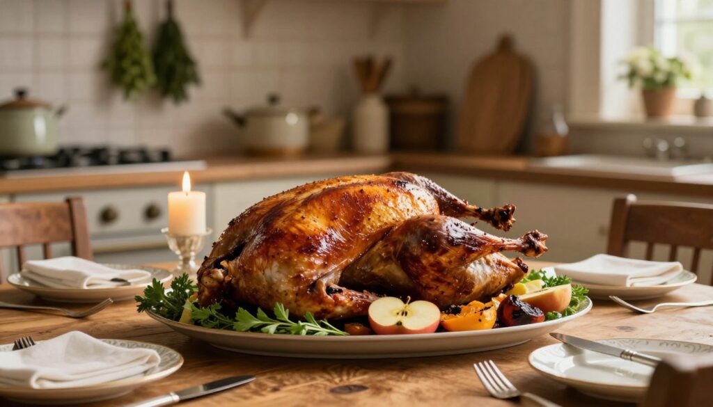A beautifully roasted whole goose, golden and crispy, is elegantly displayed on a rustic wooden table. The goose is surrounded by vibrant garnishes such as fresh herbs, apples, and roasted vegetables, showcasing a traditional feast. In the foreground, the table is set with fine china and silverware, inviting the viewer to imagine a festive meal. The middle ground features a gently flickering candle, casting a warm glow over the dish, enhancing the inviting atmosphere. In the background, a softly blurred kitchen setting reveals hanging herbs and rustic cookware, embodying a homely, traditional cooking environment. The lighting is warm and soft, creating a cozy, welcoming mood, capturing the essence of a cherished family recipe. The image should evoke a sense of nostalgia and culinary delight.