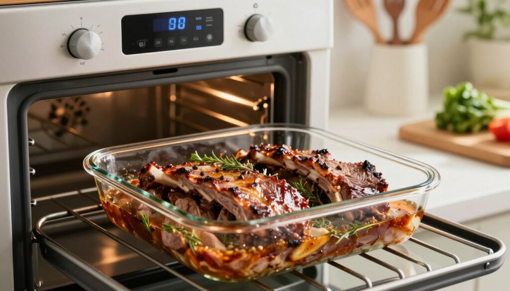 A beautifully staged kitchen scene showcasing a glass baking dish filled with tender, juicy ribs being prepared for the oven. In the foreground, the focus is on the detailed texture of the meat, glistening with a rich marinade, surrounded by aromatic herbs and spices. The middle ground features an oven with the temperature display set to a perfect baking temperature, and the warm glow of the oven light illuminating the dish. In the background, soft-focus kitchen elements such as wooden utensils and fresh ingredients add to the inviting atmosphere. The image is bathed in natural light, casting gentle shadows that enhance the freshness of the scene, evoking a cozy and professional cooking environment.