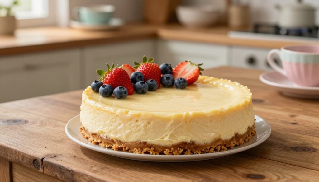 A beautifully styled cheesecake on a delicate crumb crust, sitting elegantly on a rustic wooden table. The cheesecake appears rich and creamy, with a smooth, glossy surface reflecting soft, warm light. Fresh seasonal fruits, such as strawberries and blueberries, garnish the top, adding vibrant color and freshness. In the background, a softly blurred kitchen setting enhances the homely atmosphere, with warm wooden cabinets and soft pastel dishware subtly highlighted. The lighting is natural and inviting, coursing through a nearby window, creating a serene ambiance. The overall mood conveys warmth and comfort, perfect for illustrating the careful balance of baking and cooling techniques to achieve the ideal cheesecake texture. The shot is taken from a slight overhead angle, showcasing both the cheesecake and its rustic setting. A beautifully styled cheesecake on a delicate crumb crust, sitting elegantly on a rustic wooden table. The cheesecake appears rich and creamy, with a smooth, glossy surface reflecting soft, warm light. Fresh seasonal fruits, such as strawberries and blueberries, garnish the top, adding vibrant color and freshness. In the background, a softly blurred kitchen setting enhances the homely atmosphere, with warm wooden cabinets and soft pastel dishware subtly highlighted. The lighting is natural and inviting, coursing through a nearby window, creating a serene ambiance. The overall mood conveys warmth and comfort, perfect for illustrating the careful balance of baking and cooling techniques to achieve the ideal cheesecake texture. The shot is taken from a slight overhead angle, showcasing both the cheesecake and its rustic setting.