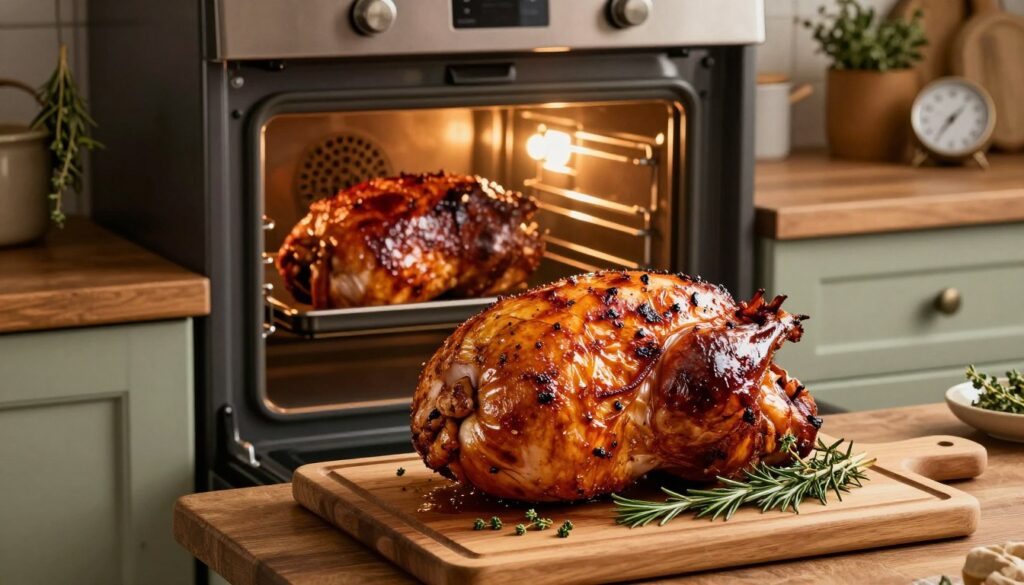 A beautifully styled kitchen scene featuring a succulent ham being cooked using the low-temperature roasting method. The foreground shows a perfectly glazed ham resting on a wooden cutting board, garnished with fresh herbs like rosemary and thyme. In the middle, there’s an open oven with a soft glow emanating from inside, where another ham is slowly roasting, showcasing a golden-brown crust. The background features rustic kitchen elements, such as pots, hanging herbs, and a timer set to a low temperature. Warm, ambient lighting creates a cozy atmosphere, enhancing the sense of patience and care in the cooking process. The camera angle is slightly elevated, capturing the rich textures and colors, inviting viewers to appreciate the art of low-temperature cooking. A beautifully styled kitchen scene featuring a succulent ham being cooked using the low-temperature roasting method. The foreground shows a perfectly glazed ham resting on a wooden cutting board, garnished with fresh herbs like rosemary and thyme. In the middle, there’s an open oven with a soft glow emanating from inside, where another ham is slowly roasting, showcasing a golden-brown crust. The background features rustic kitchen elements, such as pots, hanging herbs, and a timer set to a low temperature. Warm, ambient lighting creates a cozy atmosphere, enhancing the sense of patience and care in the cooking process. The camera angle is slightly elevated, capturing the rich textures and colors, inviting viewers to appreciate the art of low-temperature cooking.