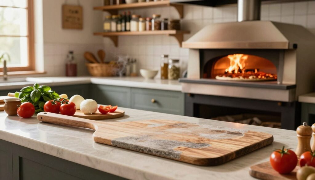 A bright and inviting kitchen scene featuring high-quality pizza baking equipment prominently displayed on a polished counter. In the foreground, showcase an artisanal pizza peel made of wood, a stone baking surface, and a professional-grade pizza oven with glowing embers. In the middle ground, highlight various ingredients like fresh basil, mozzarella, and ripe tomatoes, arranged neatly to suggest preparation. The background features a warm, softly lit kitchen with rustic shelves stacked with flour and spices. A slight steam rises from the oven, creating a cozy atmosphere. The lighting is warm and natural, streaming in through a nearby window, enhancing the inviting ambiance of a bustling kitchen. The shot is taken from a slightly elevated angle, focusing on the equipment while capturing the essence of home-cooked pizza perfection. A bright and inviting kitchen scene featuring high-quality pizza baking equipment prominently displayed on a polished counter. In the foreground, showcase an artisanal pizza peel made of wood, a stone baking surface, and a professional-grade pizza oven with glowing embers. In the middle ground, highlight various ingredients like fresh basil, mozzarella, and ripe tomatoes, arranged neatly to suggest preparation. The background features a warm, softly lit kitchen with rustic shelves stacked with flour and spices. A slight steam rises from the oven, creating a cozy atmosphere. The lighting is warm and natural, streaming in through a nearby window, enhancing the inviting ambiance of a bustling kitchen. The shot is taken from a slightly elevated angle, focusing on the equipment while capturing the essence of home-cooked pizza perfection.