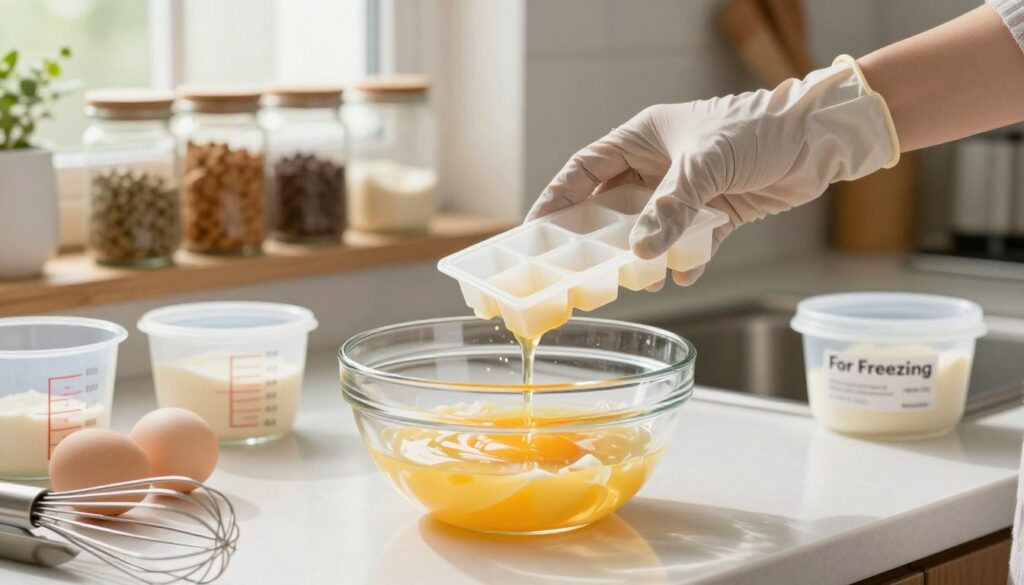 A bright kitchen scene featuring a clear glass bowl filled with freshly separated egg whites, sitting on a countertop. In the foreground, there are measuring cups, a whisk, and containers labeled "For Freezing" neatly arranged. In the middle ground, a hand wearing a modest kitchen glove gently pours the egg whites into ice cube trays, highlighting the preparation process for freezing. The background shows a well-organized kitchen shelf with jars of spices and baking essentials. Soft, natural light streams through a window, creating a warm and inviting atmosphere. The focus is sharp on the bowl and trays, with a slight bokeh effect on the background. The overall mood is cheerful and homey, emphasizing the practical aspect of preparing egg whites for storage.