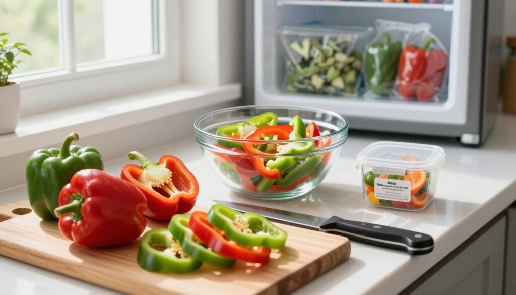 A bright kitchen scene showcasing the preparation of bell peppers for freezing. In the foreground, a wooden cutting board is filled with vibrant, freshly washed red and green bell peppers, sliced into strip shapes. A sharp knife rests beside them, glistening under soft, natural light streaming through a nearby window. In the middle, a clear glass bowl holds the sliced peppers ready for freezing, alongside small containers labeled for portioning. The background features a tidy kitchen counter with a couple of stored bags in the freezer, emphasizing the process of preparing vegetables for freezing. The atmosphere should feel organized and fresh, evoking a sense of care and homeliness as a cook prepares fresh produce for storage. A bright kitchen scene showcasing the preparation of bell peppers for freezing. In the foreground, a wooden cutting board is filled with vibrant, freshly washed red and green bell peppers, sliced into strip shapes. A sharp knife rests beside them, glistening under soft, natural light streaming through a nearby window. In the middle, a clear glass bowl holds the sliced peppers ready for freezing, alongside small containers labeled for portioning. The background features a tidy kitchen counter with a couple of stored bags in the freezer, emphasizing the process of preparing vegetables for freezing. The atmosphere should feel organized and fresh, evoking a sense of care and homeliness as a cook prepares fresh produce for storage.