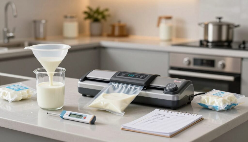 A clean, well-organized kitchen countertop featuring various technical tools for preparing milk for freezing. In the foreground, a glass container filled with fresh milk, a digital thermometer, and a funnel for pouring. In the middle, a neatly labeled vacuum sealer ready to package the milk, surrounded by ice packs and a small notepad with freezing instructions. The background showcases a modern kitchen with stainless steel appliances, warm light illuminating the scene, creating a calm and professional atmosphere. Soft focus on the background adds depth, emphasizing the technical preparation process while ensuring clarity on the milk and tools in the foreground. The overall mood should be focused and informative, reflecting a technical approach to freezing milk. A clean, well-organized kitchen countertop featuring various technical tools for preparing milk for freezing. In the foreground, a glass container filled with fresh milk, a digital thermometer, and a funnel for pouring. In the middle, a neatly labeled vacuum sealer ready to package the milk, surrounded by ice packs and a small notepad with freezing instructions. The background showcases a modern kitchen with stainless steel appliances, warm light illuminating the scene, creating a calm and professional atmosphere. Soft focus on the background adds depth, emphasizing the technical preparation process while ensuring clarity on the milk and tools in the foreground. The overall mood should be focused and informative, reflecting a technical approach to freezing milk.