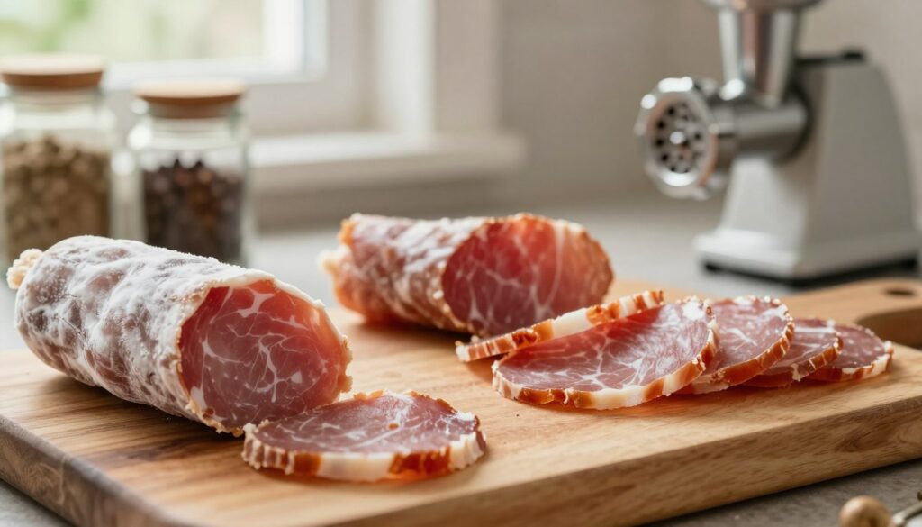 A close-up composition highlighting common mistakes in the preparation of salceson, a Polish cold cut. In the foreground, display features of improperly stored and thawed salceson, showcasing a partially frozen piece with an unappealing texture. The middle section includes various visual cues of errors, like food discoloration and loss of moisture, arranged neatly on a rustic wooden cutting board. In the background, softly blurred kitchen elements evoke a home cooking atmosphere, such as jars of spices and a meat grinder, with warm, inviting lighting filtered through a window. The scene should convey a sense of caution and reflection on culinary practices, with a focus on enhancing the visual understanding of salceson's delicate balance of taste and texture. A close-up composition highlighting common mistakes in the preparation of salceson, a Polish cold cut. In the foreground, display features of improperly stored and thawed salceson, showcasing a partially frozen piece with an unappealing texture. The middle section includes various visual cues of errors, like food discoloration and loss of moisture, arranged neatly on a rustic wooden cutting board. In the background, softly blurred kitchen elements evoke a home cooking atmosphere, such as jars of spices and a meat grinder, with warm, inviting lighting filtered through a window. The scene should convey a sense of caution and reflection on culinary practices, with a focus on enhancing the visual understanding of salceson's delicate balance of taste and texture.