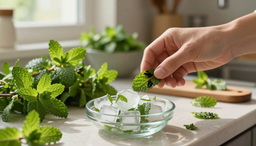 A close-up composition of fresh mint leaves, some bright green and lush while others appear wilted or discolored, symbolizing common mistakes in freezing mint. The foreground features a small glass dish filled with ideally frozen mint ice cubes, showcasing the ideal method, contrasted against a slightly messy kitchen countertop. In the middle, a blurred hand is reaching for a poorly frozen mint leaf that has turned black, embodying the mistakes one might make. The background contains a softly lit kitchen environment with herbs and kitchen supplies, evoking a warm, inviting atmosphere. Natural sunlight filters through a window, creating gentle highlights and soft shadows. The overall mood is educational yet warm, illustrating the theme of caution in mint preservation. A close-up composition of fresh mint leaves, some bright green and lush while others appear wilted or discolored, symbolizing common mistakes in freezing mint. The foreground features a small glass dish filled with ideally frozen mint ice cubes, showcasing the ideal method, contrasted against a slightly messy kitchen countertop. In the middle, a blurred hand is reaching for a poorly frozen mint leaf that has turned black, embodying the mistakes one might make. The background contains a softly lit kitchen environment with herbs and kitchen supplies, evoking a warm, inviting atmosphere. Natural sunlight filters through a window, creating gentle highlights and soft shadows. The overall mood is educational yet warm, illustrating the theme of caution in mint preservation.