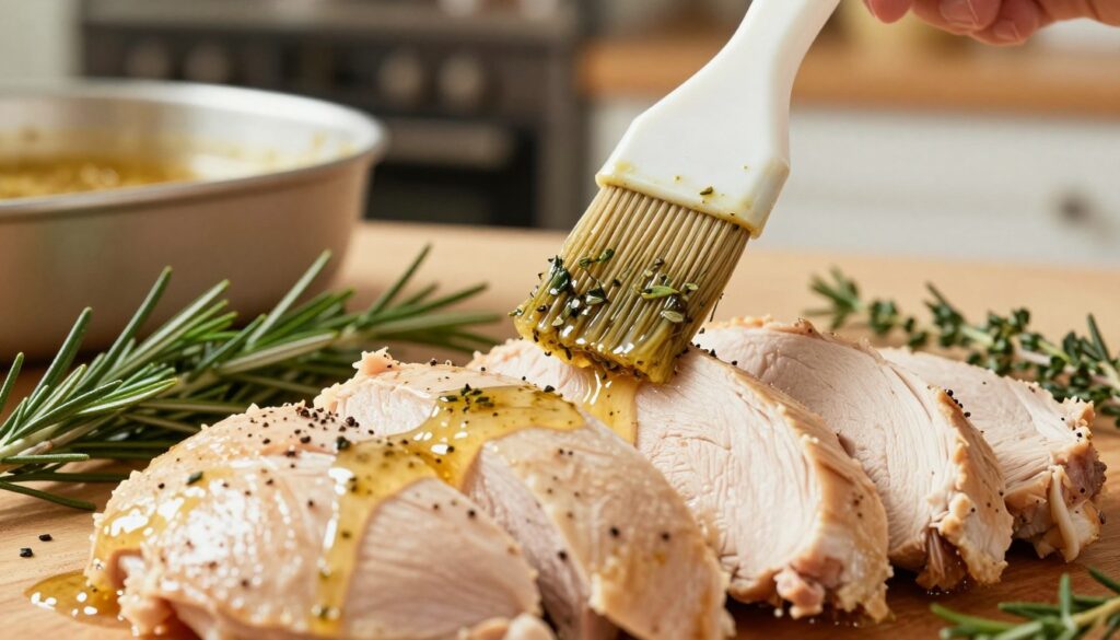 A close-up composition showcasing techniques for maintaining moisture in turkey breast. In the foreground, display succulent slices of perfectly cooked turkey, glistening with a light sheen to emphasize juiciness. The middle ground features a basting brush dipped in a golden, herb-infused marinade, alongside fresh herbs like rosemary and thyme. In the background, subtly out of focus, include a warm kitchen setting with a roasting pan and an oven, softly lit to create a cozy atmosphere. Use natural light to highlight the textures of the turkey and the freshness of the herbs, captured from a slightly elevated angle to provide depth. The overall mood should evoke a sense of home cooking and culinary care. A close-up composition showcasing techniques for maintaining moisture in turkey breast. In the foreground, display succulent slices of perfectly cooked turkey, glistening with a light sheen to emphasize juiciness. The middle ground features a basting brush dipped in a golden, herb-infused marinade, alongside fresh herbs like rosemary and thyme. In the background, subtly out of focus, include a warm kitchen setting with a roasting pan and an oven, softly lit to create a cozy atmosphere. Use natural light to highlight the textures of the turkey and the freshness of the herbs, captured from a slightly elevated angle to provide depth. The overall mood should evoke a sense of home cooking and culinary care.